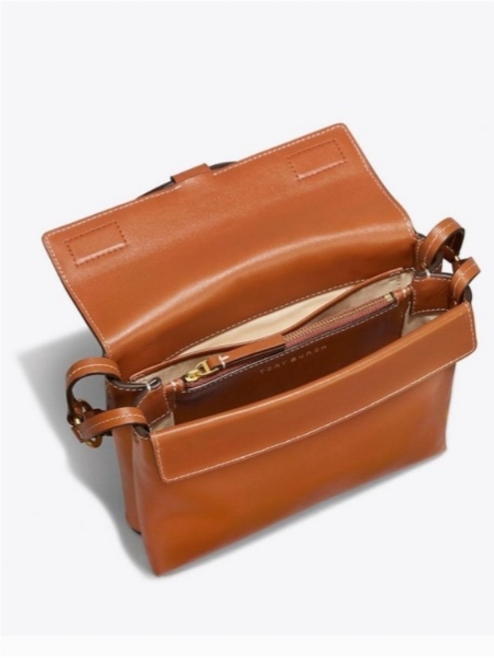 Tory Burch Miller Cognac/Maple Smooth Leather Logo Flap Crossbody NWOT. RARE. - Picture 2 of 11